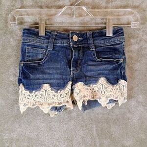 Dark Blue Denim Girls Shorts with Cream Lace Trim